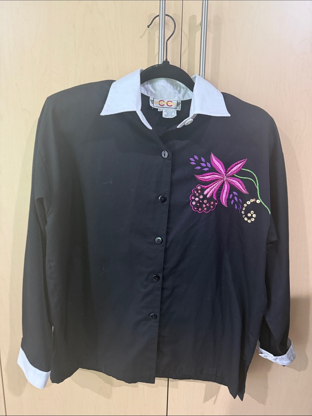 Black Button-Down Shirt with Pink Floral Embroidery - CHANEL